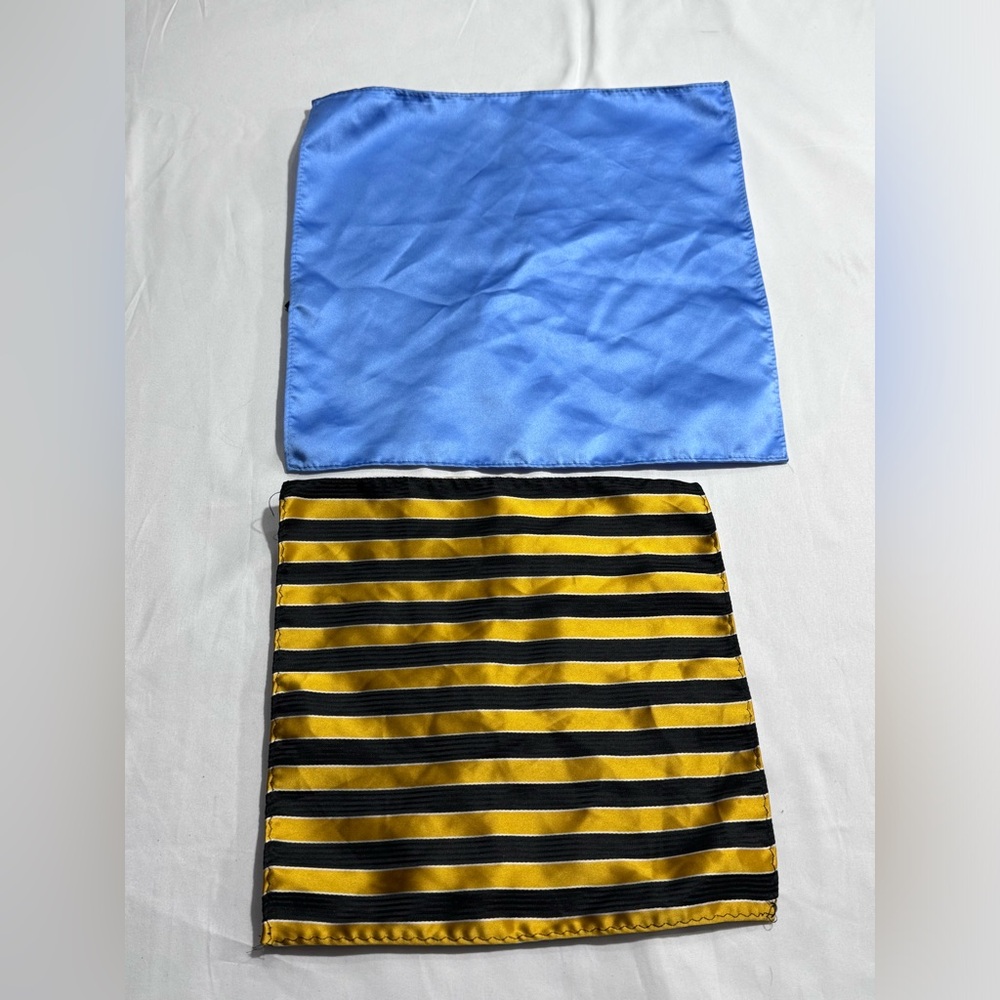 VINTAGE PAIR OF HANDKERCHIEFS. 1 BLUE, 1 YELLOW & BLACK‎ STRIPED.